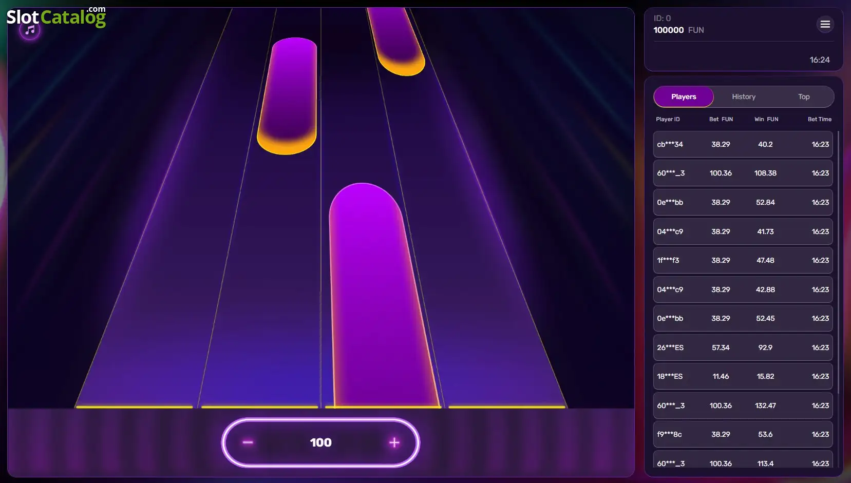 Play Me screenshot - rhythm tiles with multiplier x3.24 and cash-out button